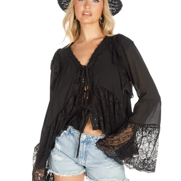 Women's Long Bell Sleeve V-Neck High-Low Lace Blouse Black - Picture 4 of 11
